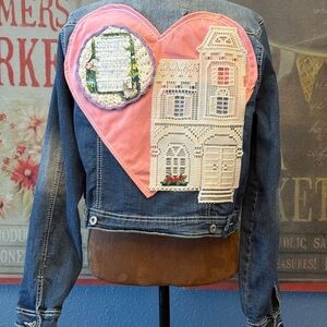 VTG Maurices Upcycled Denim Jacket Pink Heart Patch Music bunny lace house doily